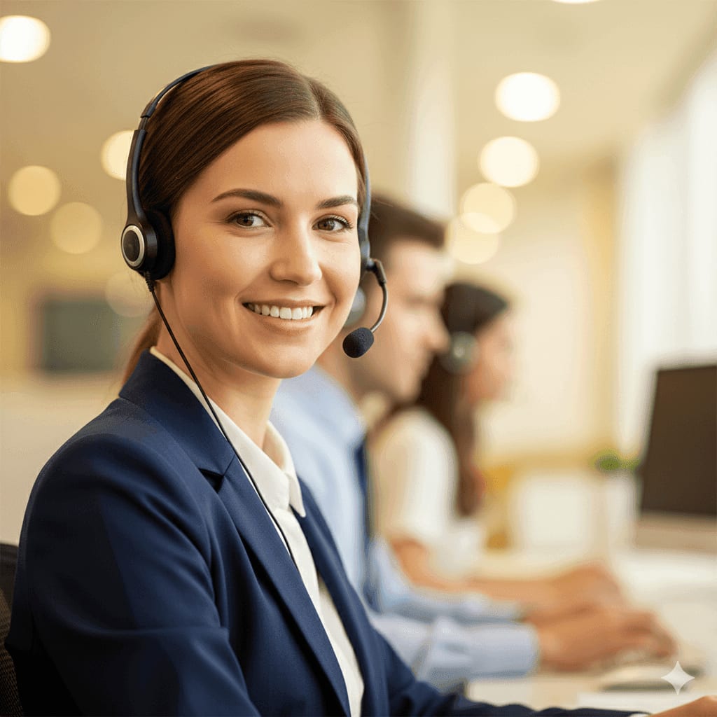 Friendly Discover Air USA customer service agent with headset providing 24/7 airline phone support